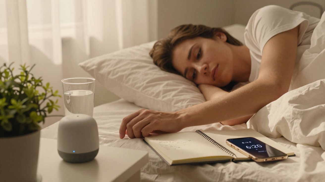 Mulher deitada na cama, acordando, com caderno e telemóvel ao lado e luz natural a entrar pela janela.