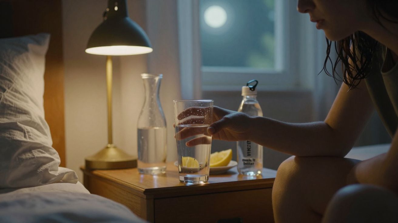 Mulher sentada ao lado da cama a segurar copo de água com limão, perto de garrafa e jarro numa mesa de cabeceira à noite.