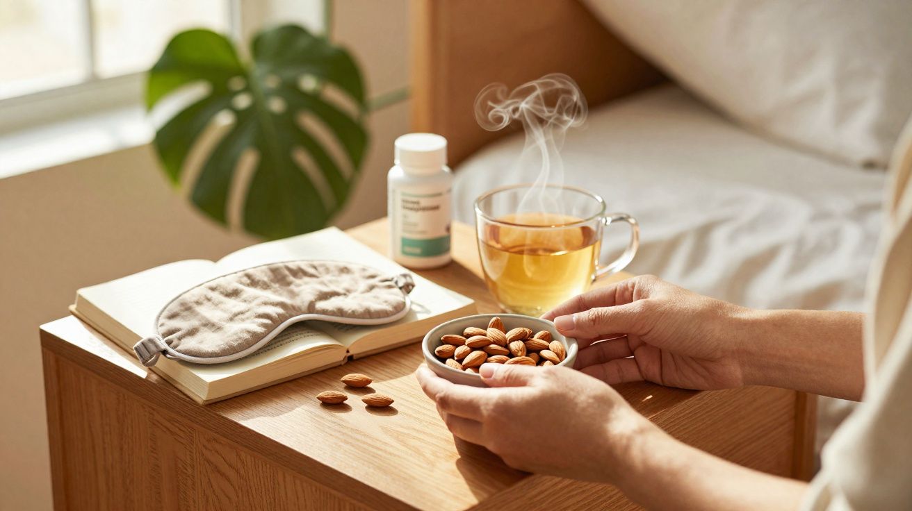 Mesa de cabeceira com chá quente, potes de amêndoas, comprimidos, livro aberto e máscara para dormir.