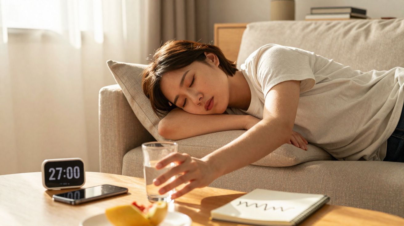 Mulher deitada no sofá a estender a mão para um copo de água numa mesa com frutas, telemóvel e caderno.