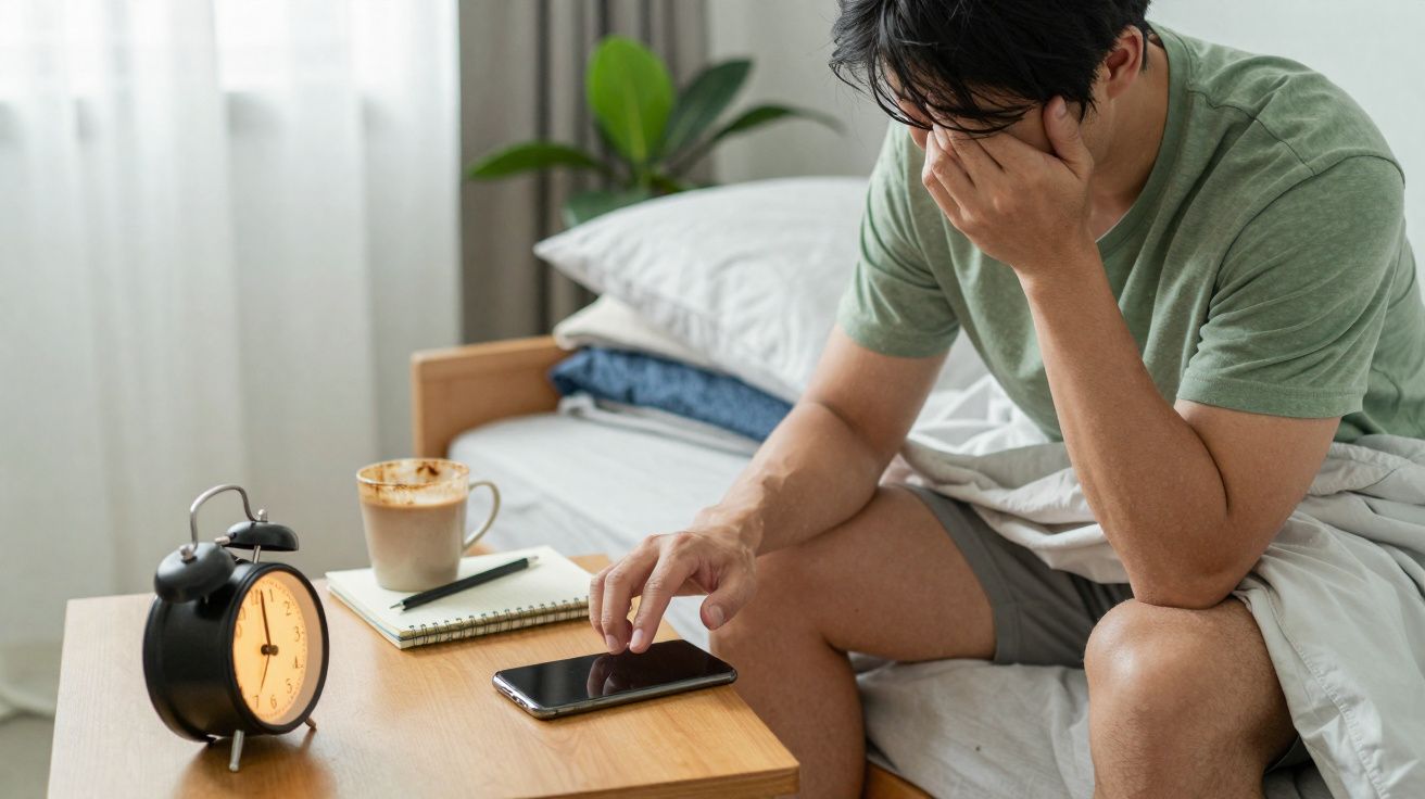 Homem triste senta na cama com mão no rosto e toca no telemóvel numa manhã dentro do quarto.