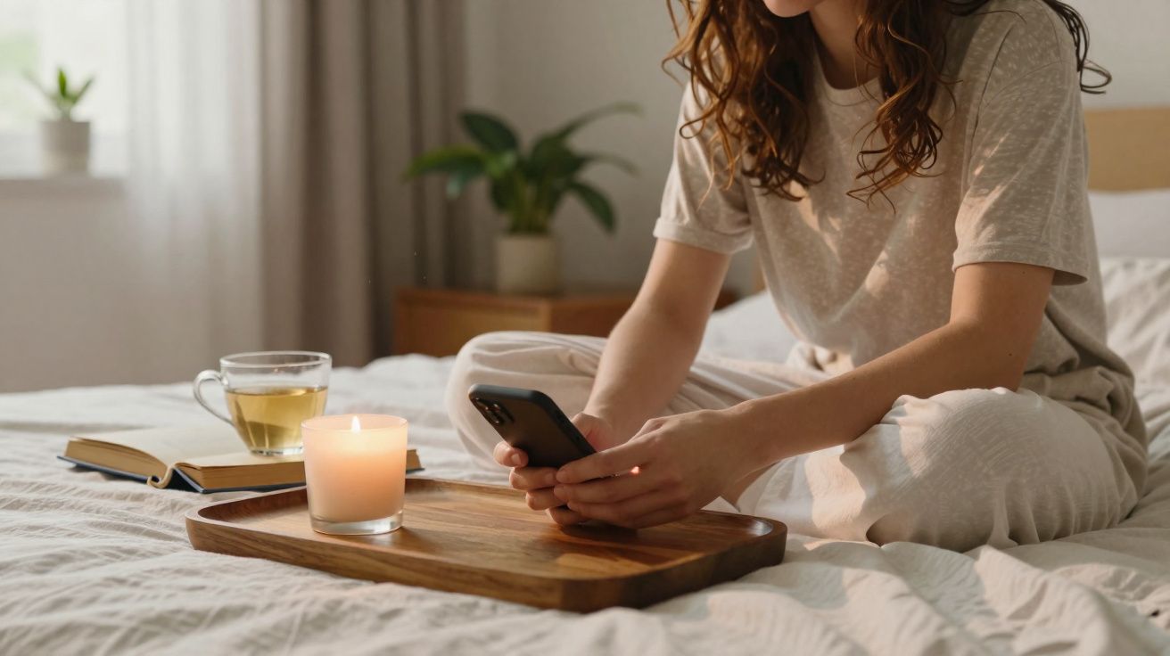 Pessoa sentada na cama a usar telemóvel, com vela acesa, chá e livro numa bandeja de madeira.