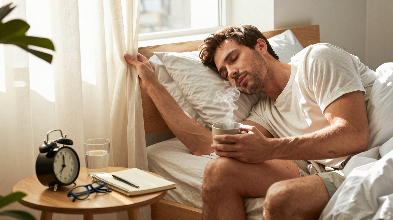 Homem sentado na cama a segurar uma chávena quente, a afastar a cortina para deixar entrar a luz da manhã.