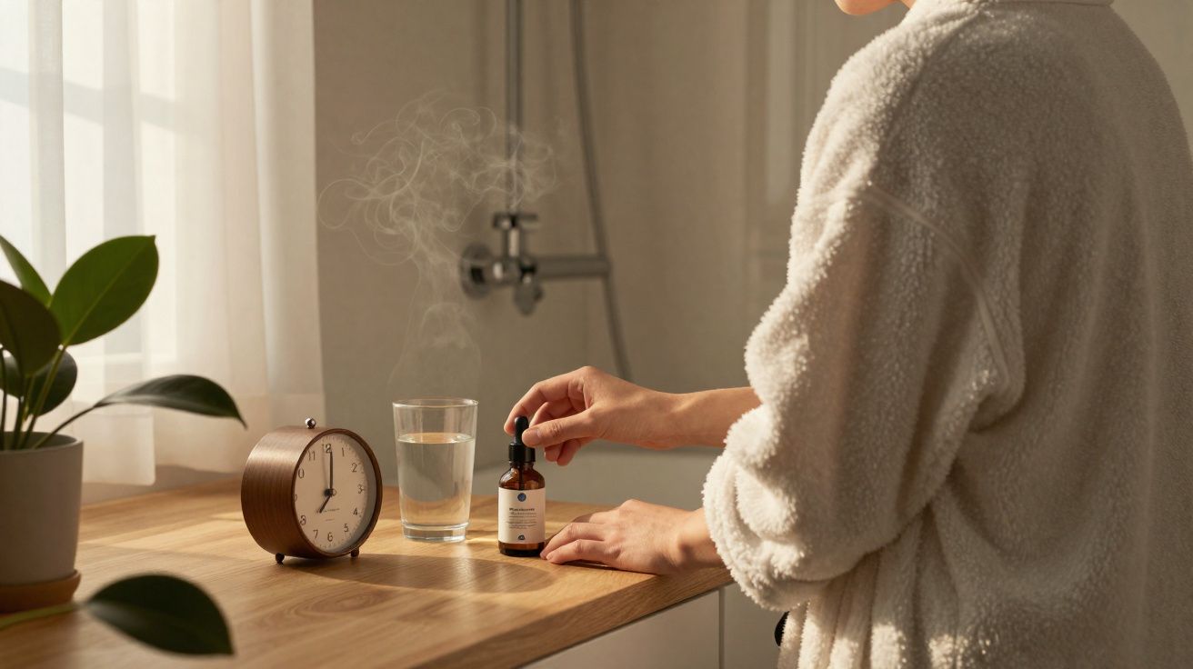 Mão segura frasco de óleo essencial com relógio, copo de água e planta numa mesa junto à janela.