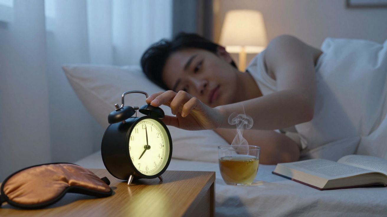Pessoa deitada na cama a apagar um despertador com chá quente e um livro na mesa de cabeceira.