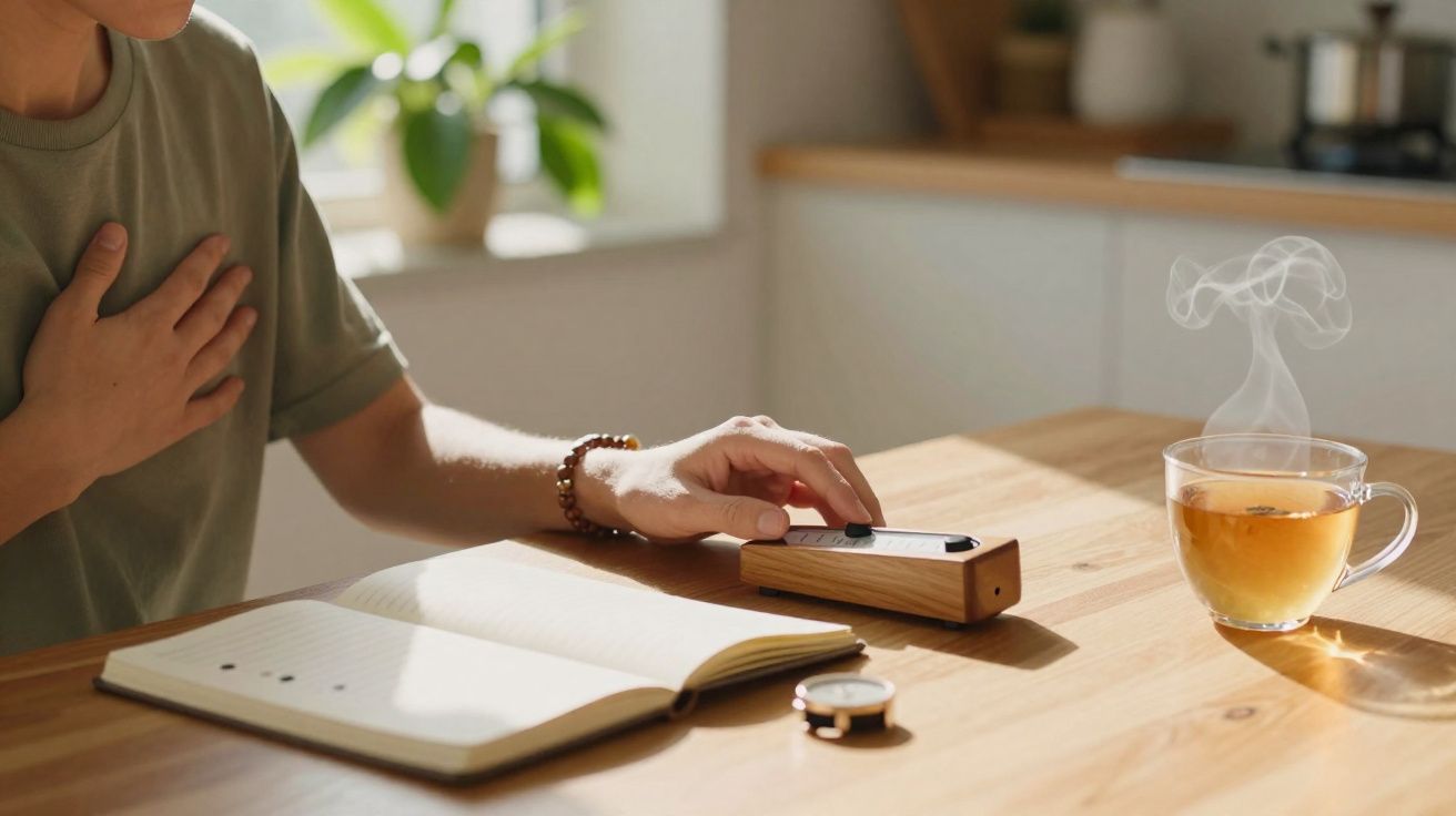 Pessoa sentada à mesa com diário aberto, acende incenso enquanto uma chávena de chá libertar vapor.