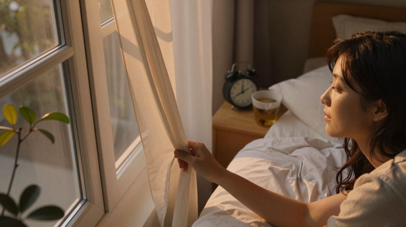 Mulher a abrir cortina junto à janela num quarto iluminado pela luz do amanhecer.