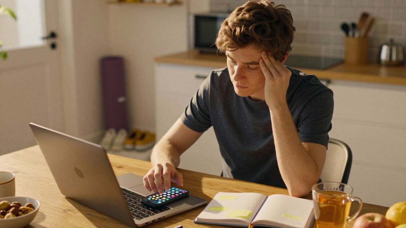 Jovem sentado à mesa com computador, telemóvel e caderno, aparentando estar preocupado ou concentrado.