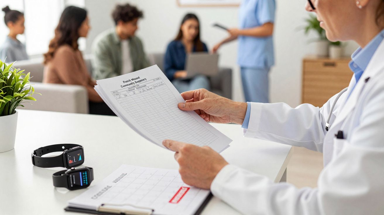 Médico a analisar ficha de pacientes num consultório com pessoas sentadas ao fundo e equipamentos médicos na mesa.