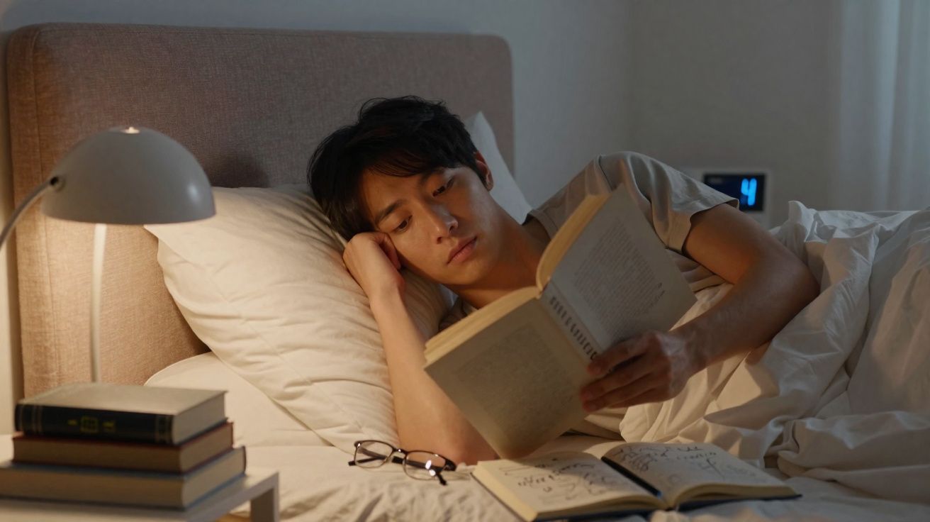 Pessoa a ler livro na cama, com luminária acesa e relógio digital ao fundo.