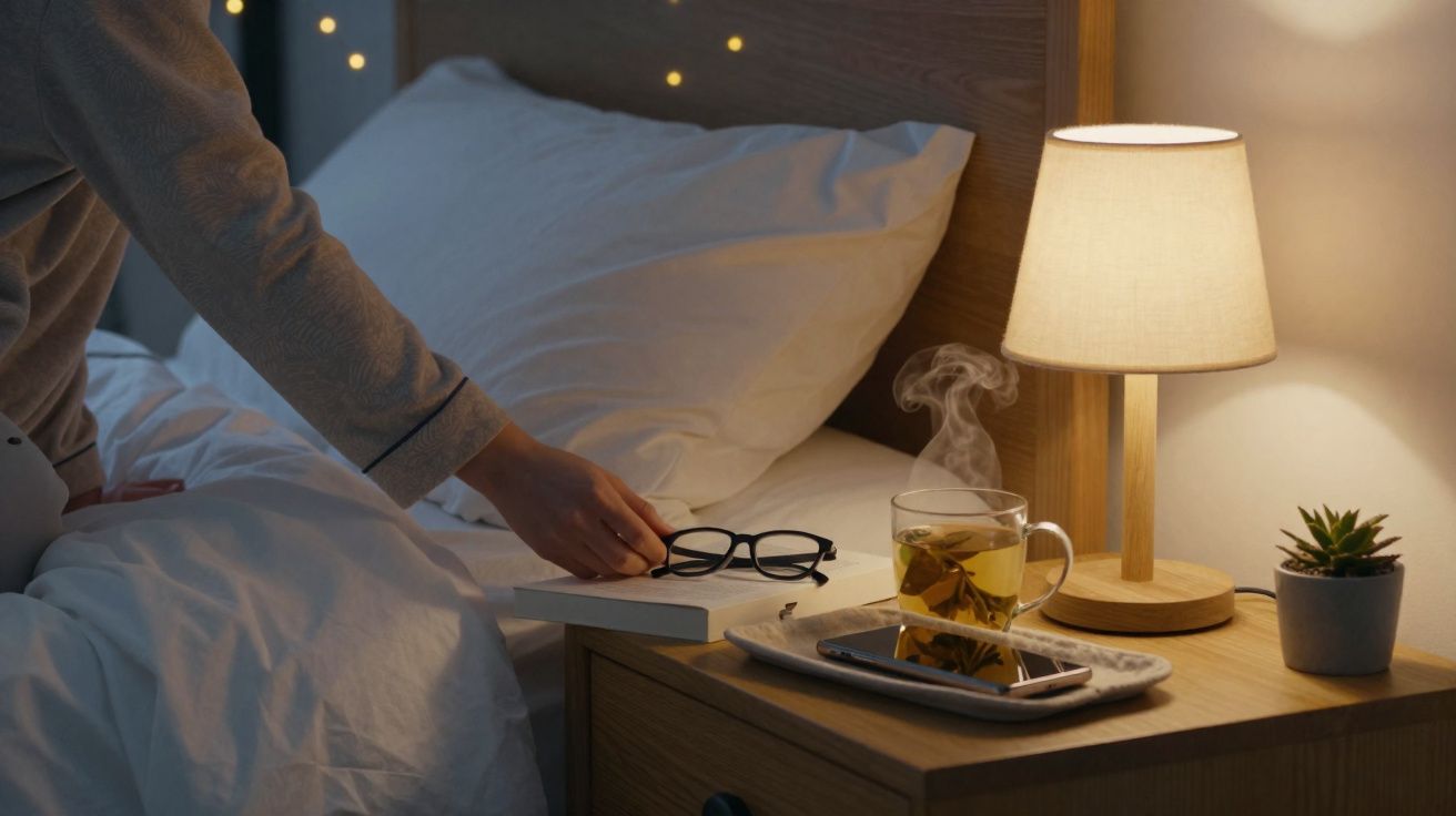 Pessoa a pousar óculos sobre livro, ao lado de chá quente, telemóvel e candeeiro numa mesa de cabeceira.