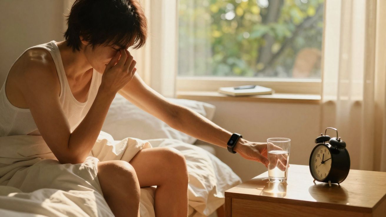 Pessoa sentada na cama de manhã, com expressão de cansaço, a esticar o braço para pegar um copo de água.