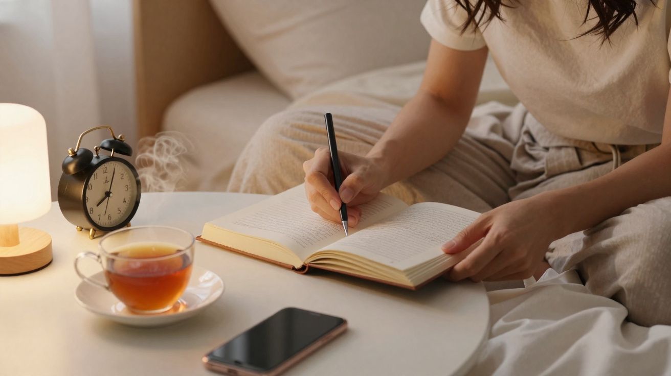 Pessoa sentada a escrever num caderno, com chá, telemóvel e despertador numa mesa redonda branca.