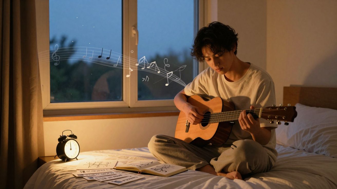 Pessoa sentada na cama a tocar guitarra, com partituras espalhadas e notas musicais a flutuar no ar.