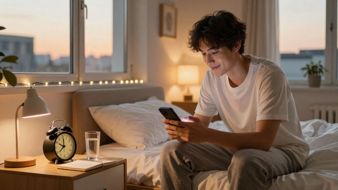 Jovem sentado na cama a usar telemóvel, com relógio, copo de água e bloco de notas na mesa de cabeceira.