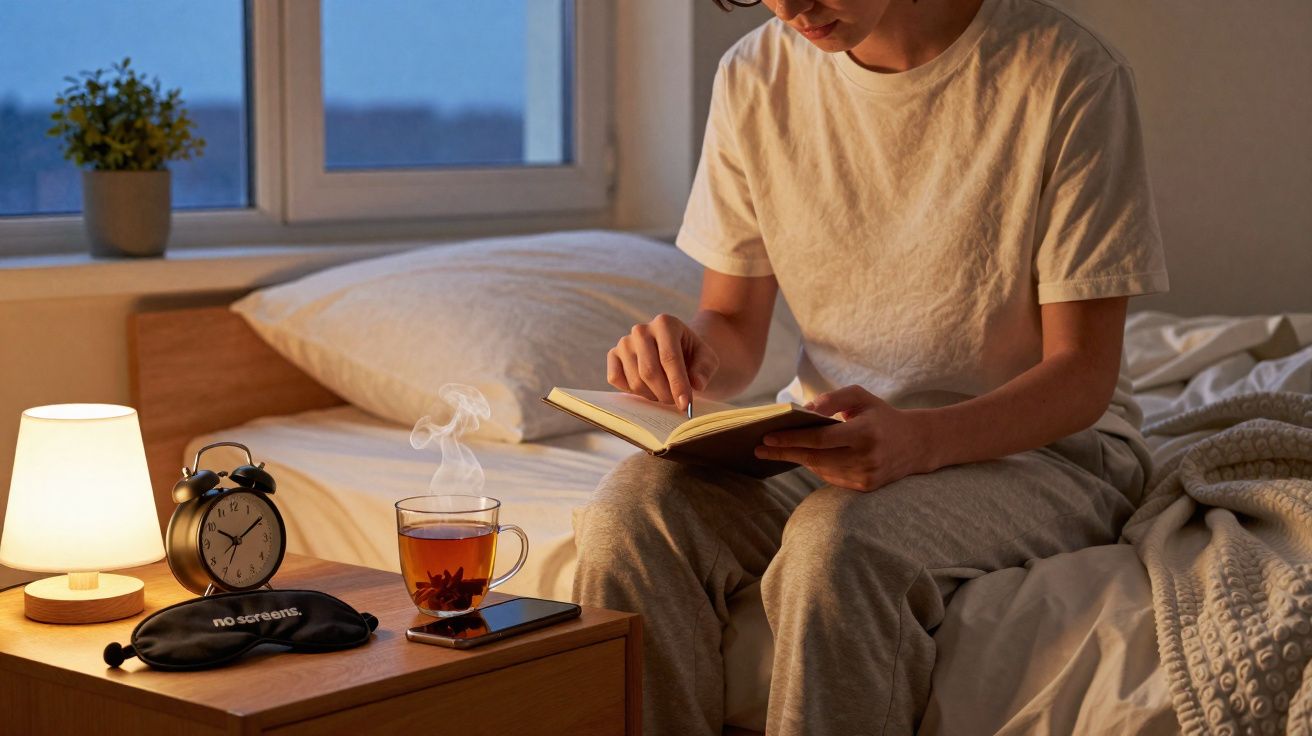 Pessoa sentada na cama a ler um livro, com chá quente e um despertador numa mesa ao lado.