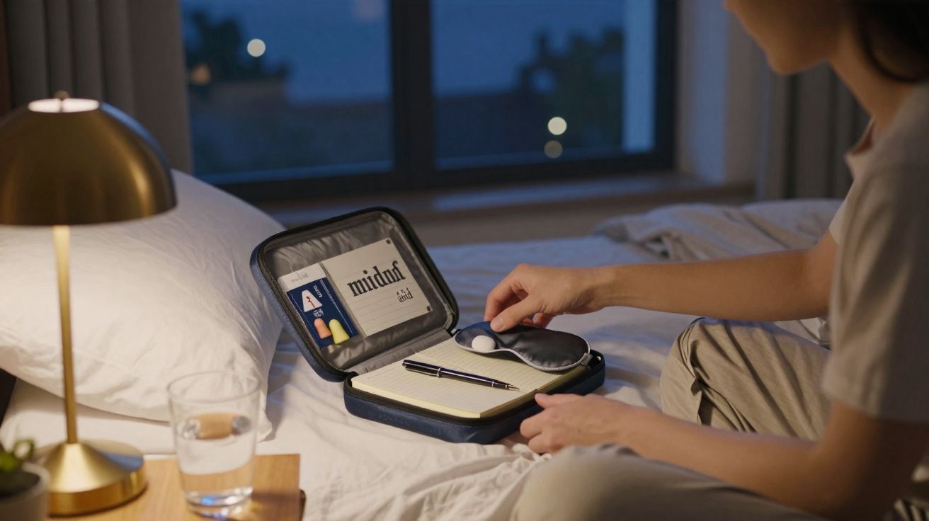 Pessoa sentada na cama a organizar itens num estojo aberto à noite, com luminária e copo de água ao lado.