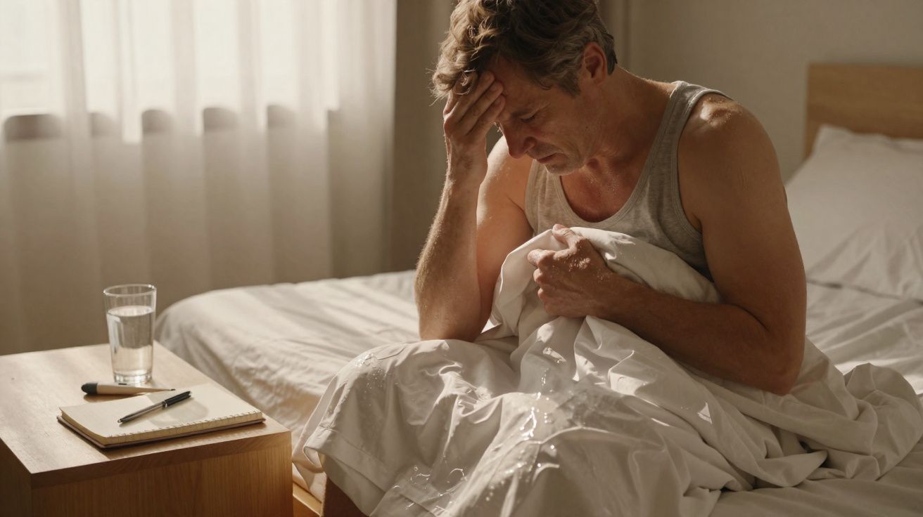 Homem sentado na cama de manhã com expressão preocupada, segurando a cabeça e um lençol branco.