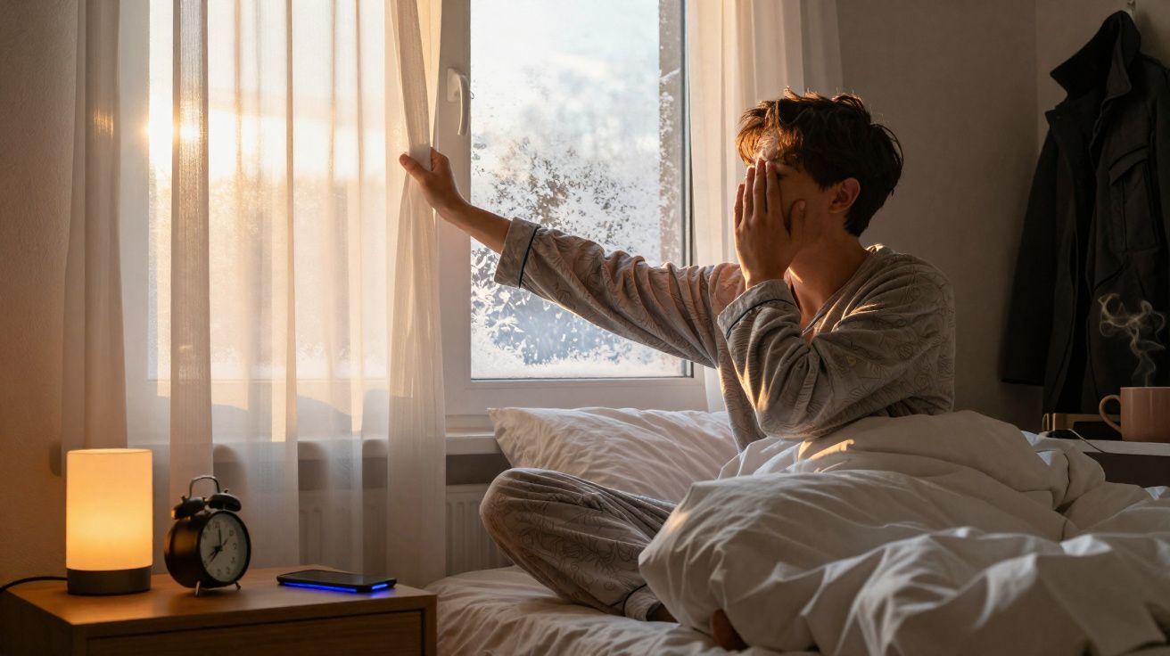 Pessoa sentada na cama a abrir a janela numa manhã ensolarada, com despertador e lampeão na mesa de cabeceira.