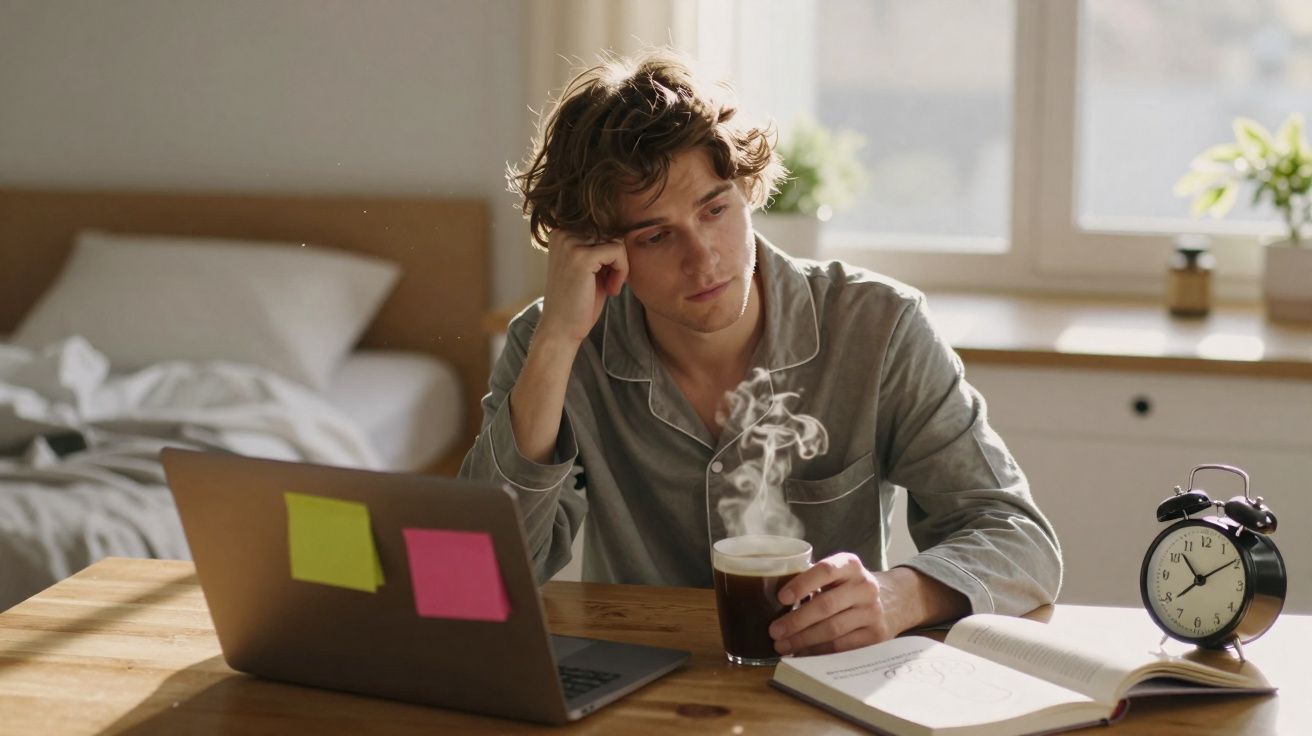 Jovem em pijama sentado à mesa com computador, livro aberto, relógio e a segurar chá quente, aparentando estar pensativo.
