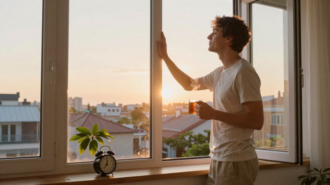Homem a beber chá e a olhar pela janela aberta ao nascer do sol numa manhã tranquila.