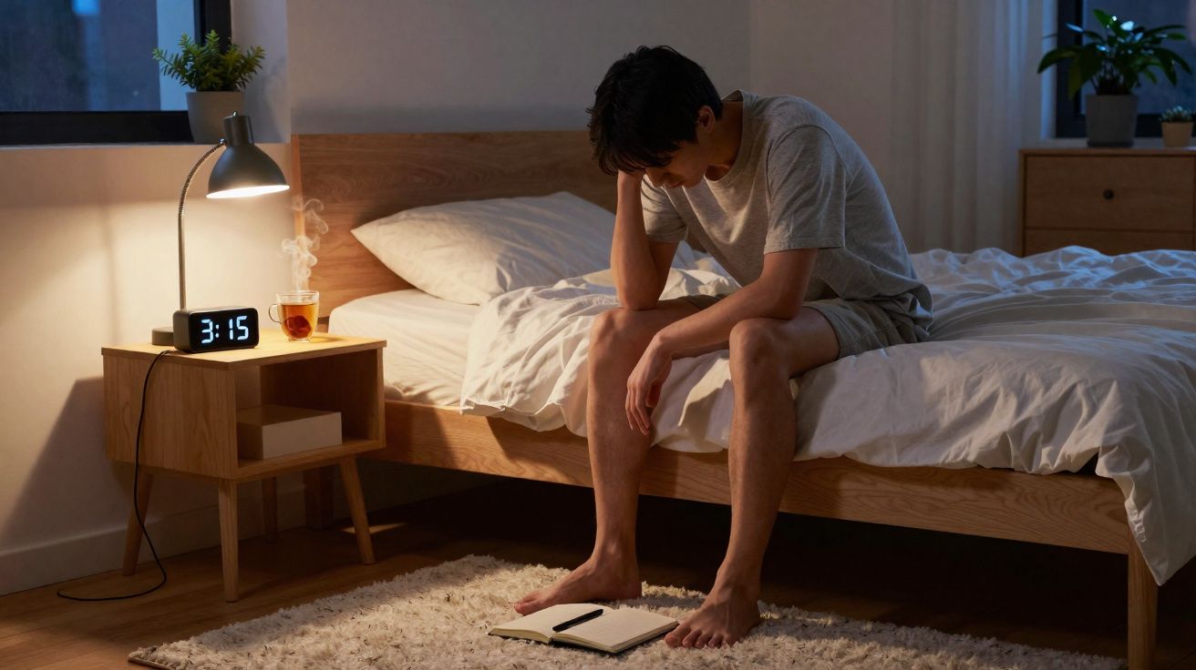 Homem sentado na cama de madrugada, com expressão cansada e bloco de notas no chão.