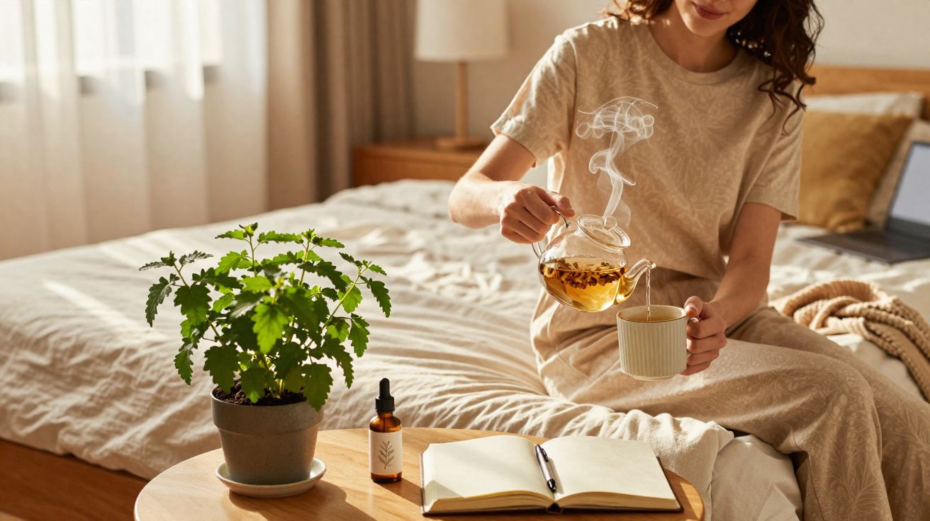 Mulher sentada na cama a servir chá quente de um bule de vidro para uma chávena num quarto iluminado.