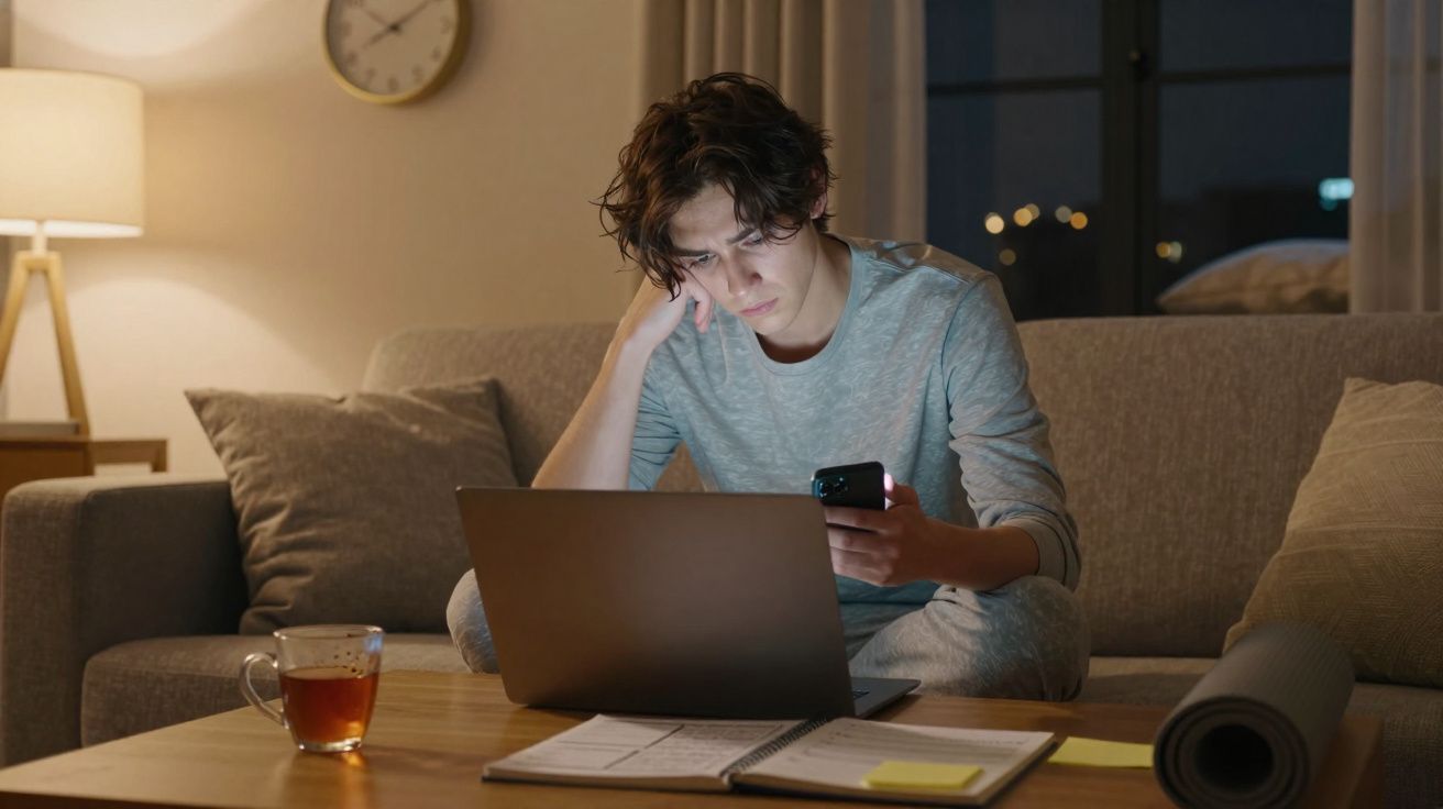 Homem preocupado sentado no sofá a usar portátil e telefone, com chá e caderno numa mesa à frente à noite.