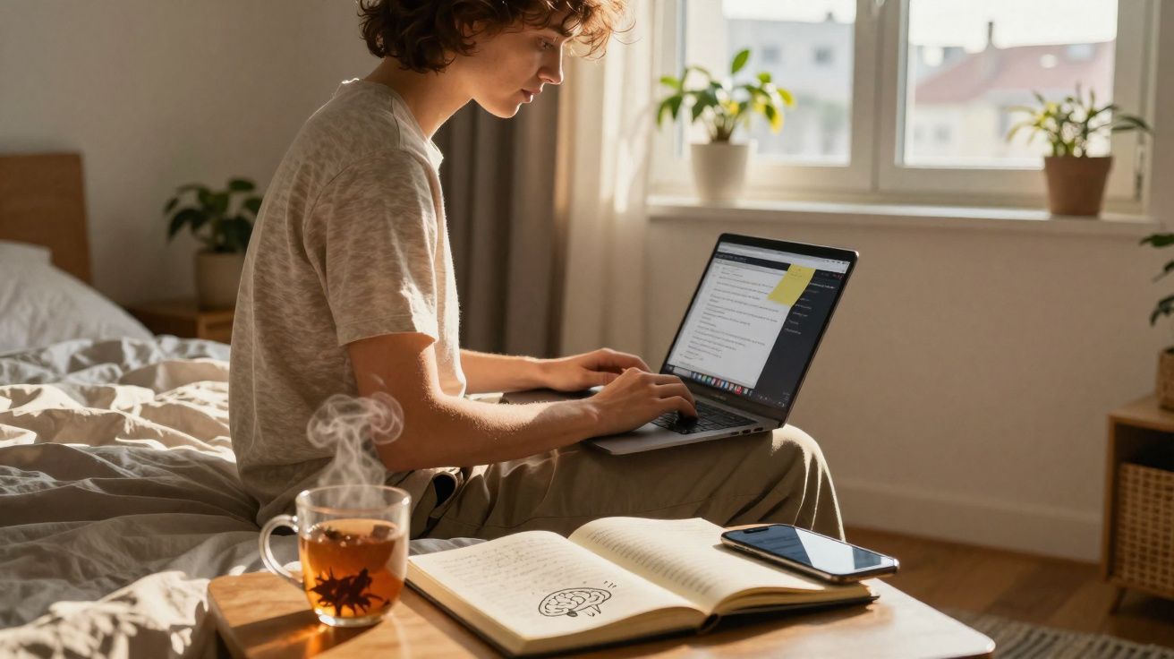 Pessoa sentada na cama a trabalhar num portátil com chá quente e caderno aberto numa mesa à frente.