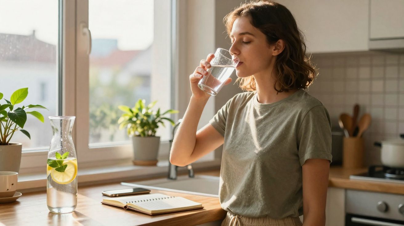 Mulher a beber um copo de água numa cozinha iluminada, com jarra de água e caderno na bancada.