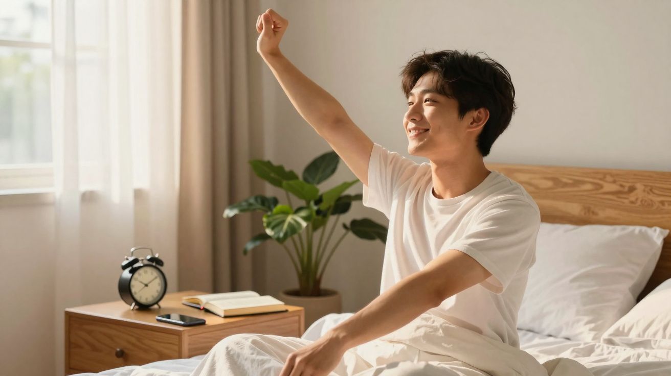 Jovem acorda sorridente e espreguiça-se na cama iluminada pela luz natural da manhã.