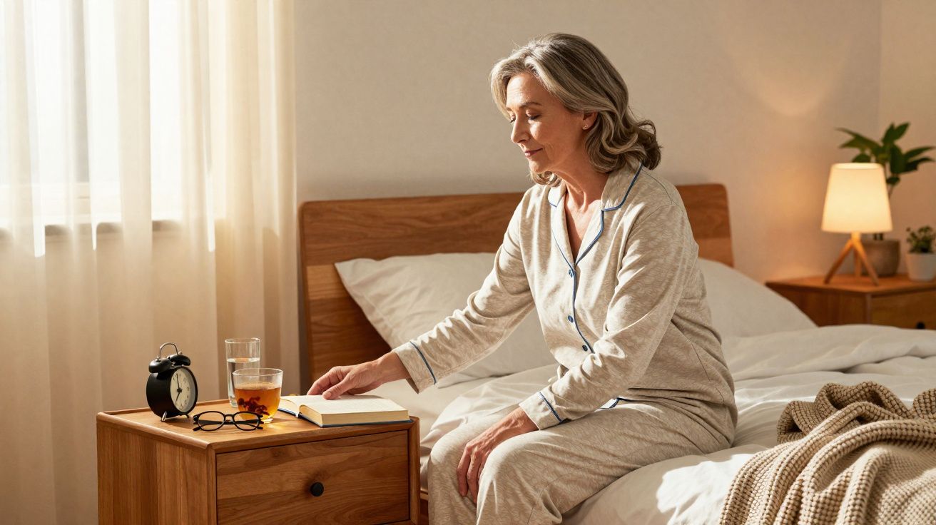Mulher de meia-idade em pijama sentada na cama a apanhar um livro na mesa de cabeceira.