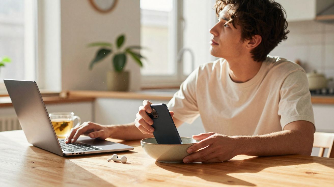 Jovem sentado à mesa de cozinha com portátil e a guardar telemóvel num prato, olhando para o lado.