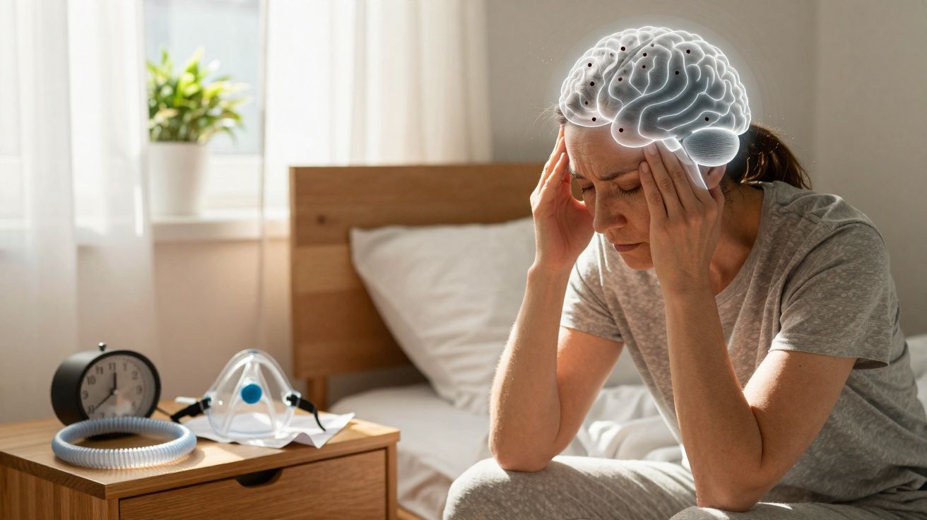 Mulher sentada na cama com expressão de dor de cabeça, ilustração de cérebro sobreposta.