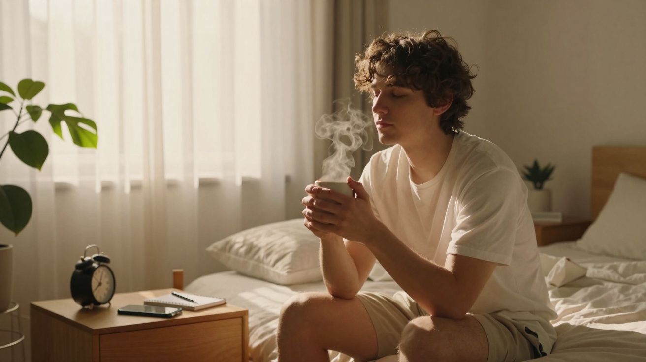 Jovem sentado na cama a beber chá quente num quarto iluminado pela luz natural da janela.