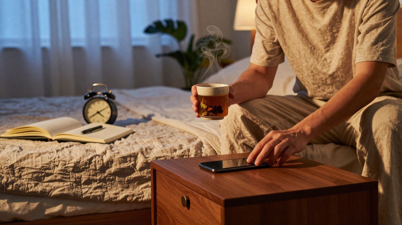 Pessoa sentada na cama com chá quente, tocando um telemóvel numa mesa de cabeceira de madeira.