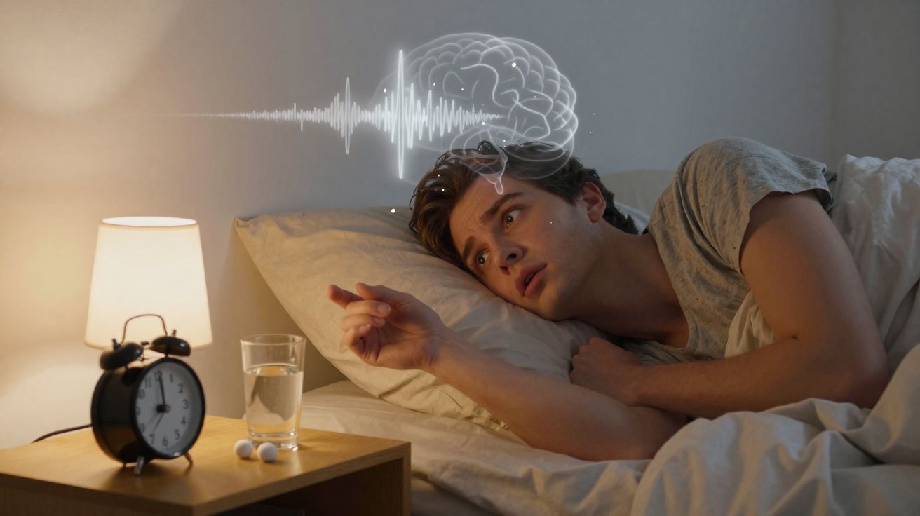 Homem deitado na cama acordado, com representação de cérebro e ondas cerebrais ao lado da cabeça.