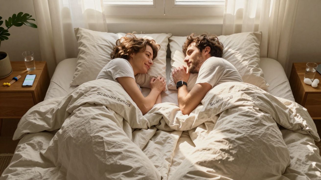 Casal deitado na cama, de frente um para o outro, com luz suave a entrar pela janela atrás.