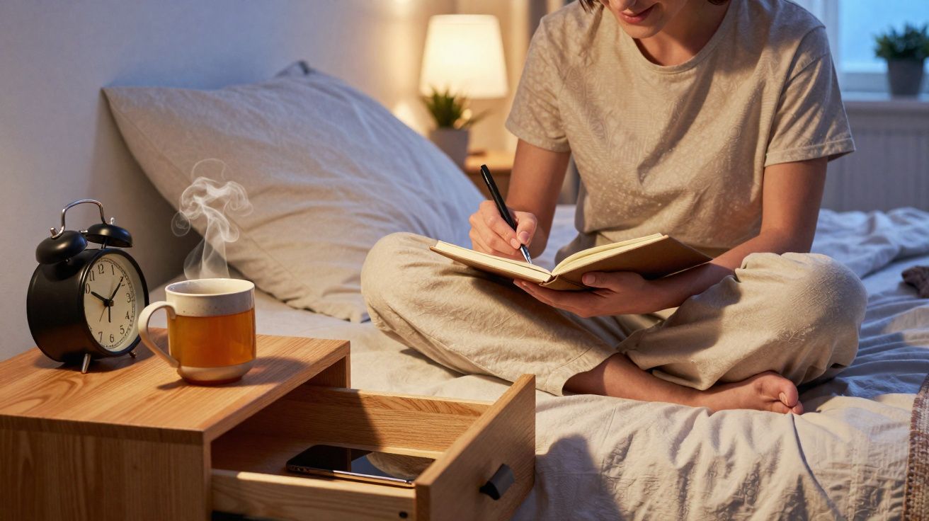Pessoa sentada na cama a escrever num caderno, com chá quente e despertador numa mesa de cabeceira.