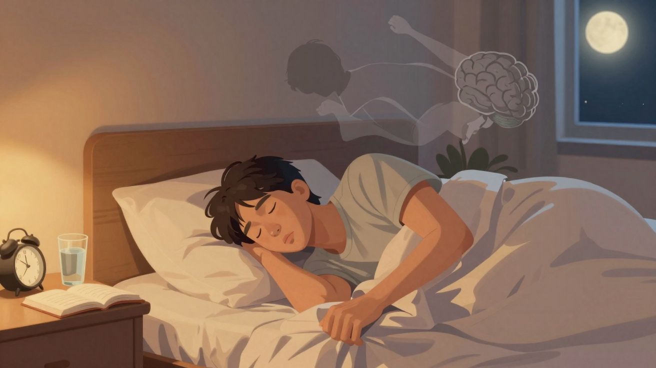 Pessoa a dormir na cama com representação de cérebro a sair da cabeça, janela com lua cheia à noite.