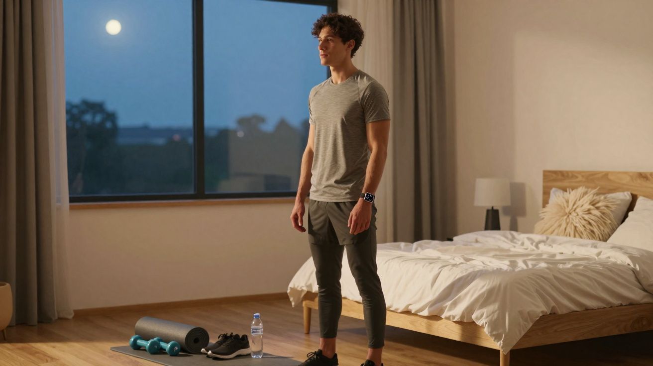 Homem de roupa desportiva numa sala de dormir à noite, junto a equipamento de treino no chão.