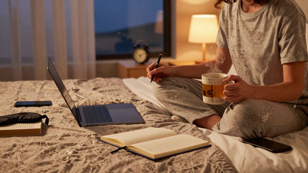 Pessoa em pijama sentada na cama, escrevendo em caderno, com laptop, telemóvel e chá quente ao lado.