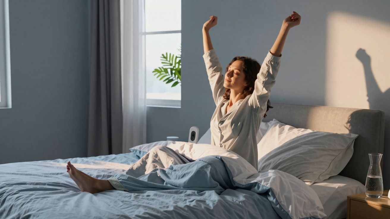 Mulher espreguiça-se ao acordar numa cama pela manhã, com luz natural e decoração minimalista.