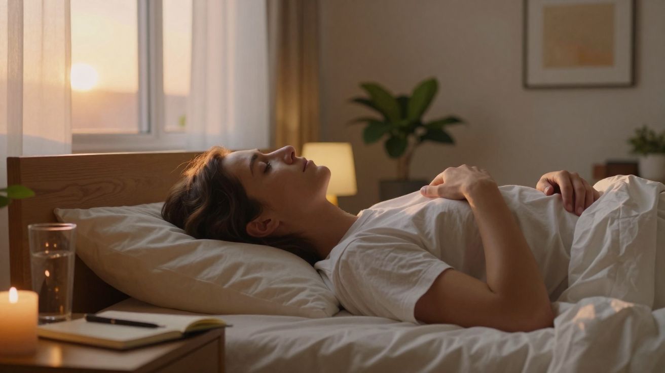 Mulher deitada na cama a olhar para o teto num quarto calmo ao entardecer com luz suave e vela acesa.