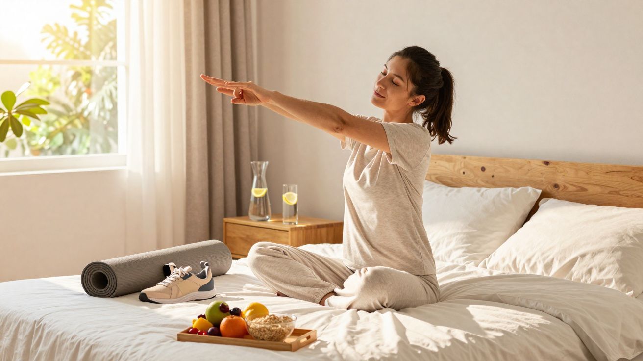 Mulher a fazer alongamentos sentada na cama em quarto iluminado, com tapete de yoga e frutas à frente.