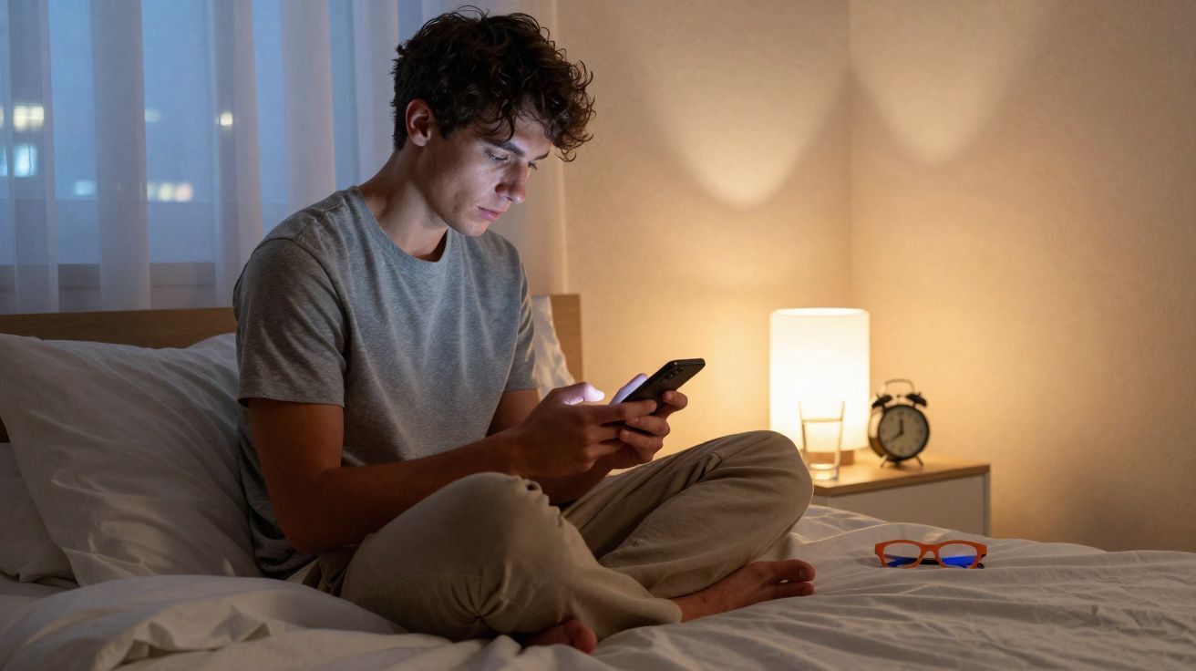 Jovem sentado na cama à noite a olhar para o telemóvel, com um candeeiro e despertador ao fundo.