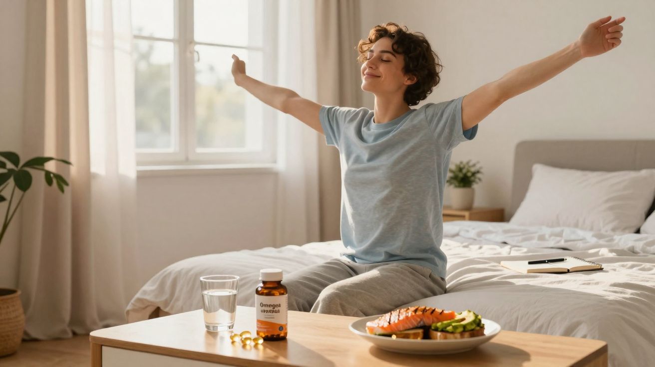 Pessoa jovem a espreguiçar-se na cama, com comprimidos de ômega 3, água e alimento saudável numa mesa.