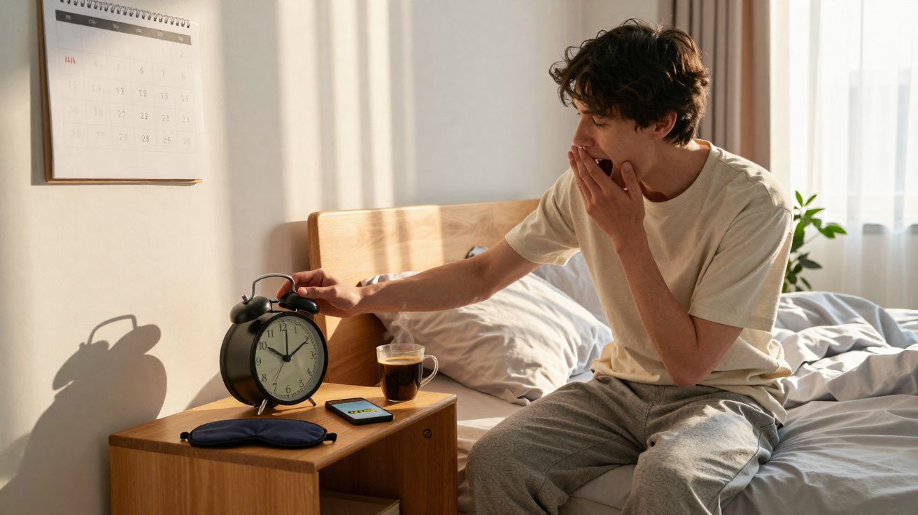 Jovem a acordar na cama e a desligar o despertador numa manhã iluminada.