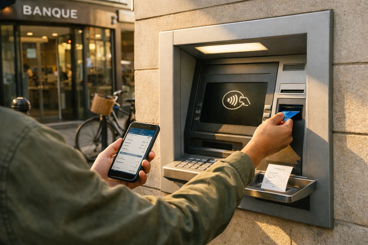 Pessoa a usar um multibanco, segurando um cartão e um telemóvel com aplicação bancária aberta.