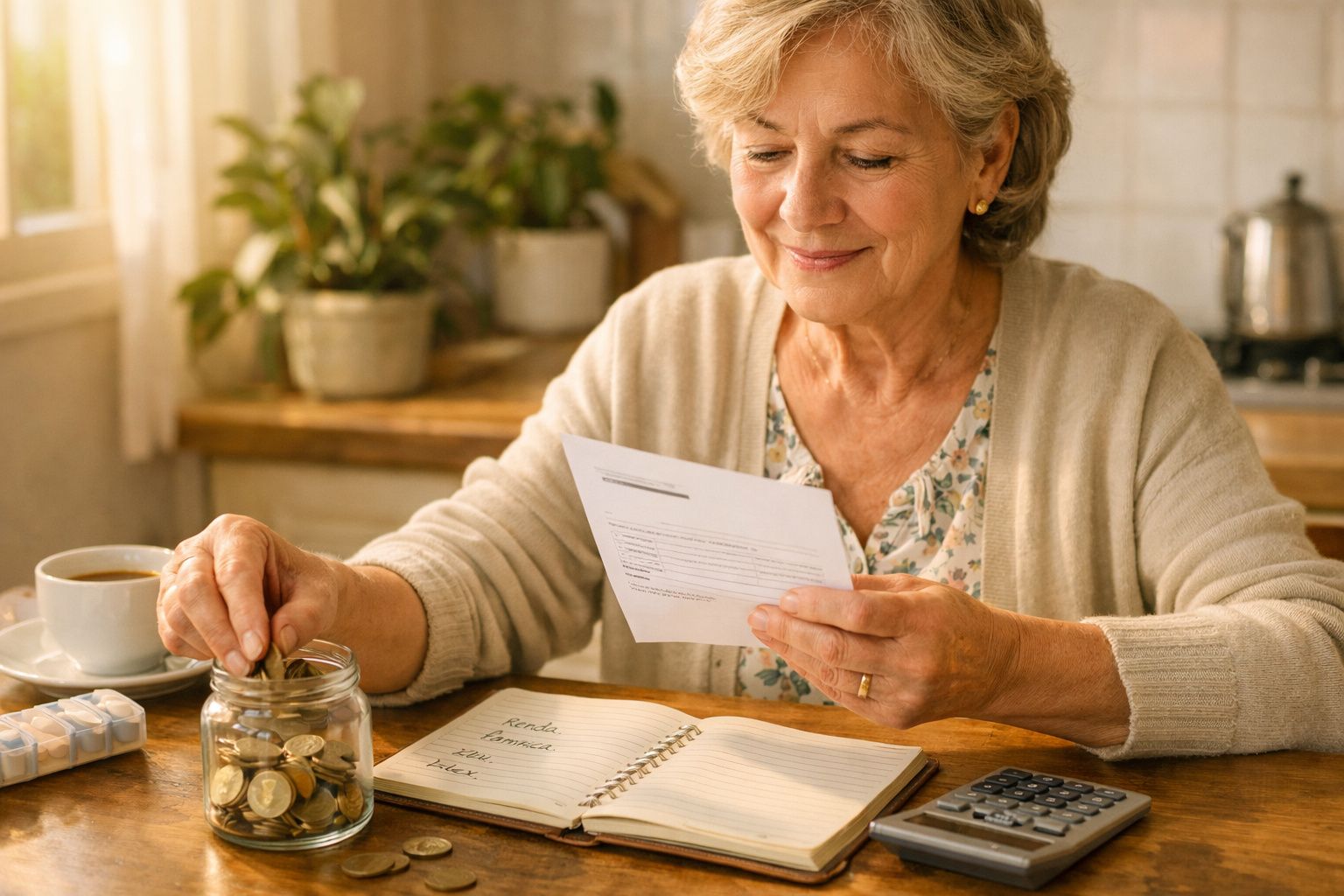 Mulher sénior a guardar moedas num mealheiro e a verificar documentos numa mesa com caderno e calculadora.